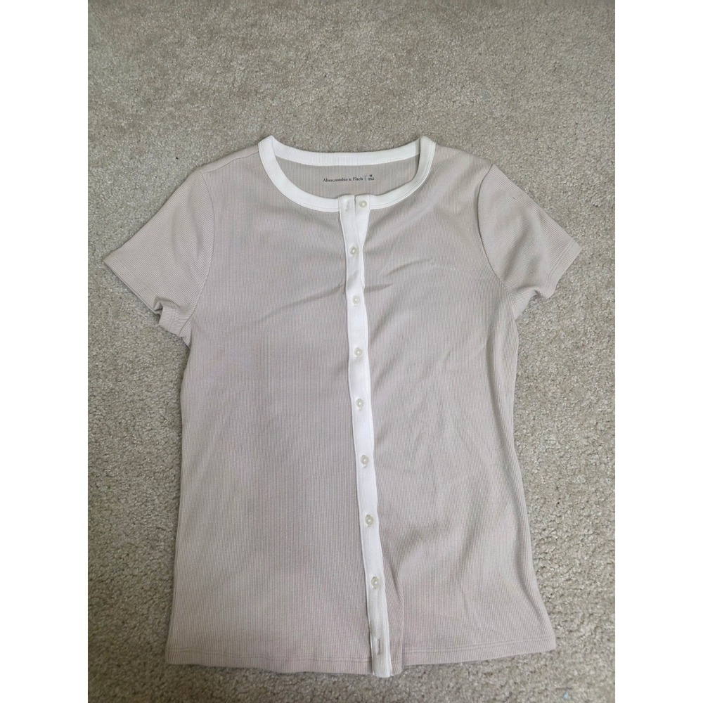 Abercrombie & Fitch Womens Ribbed Henley Top Short Sleeve Tan Beige Size M